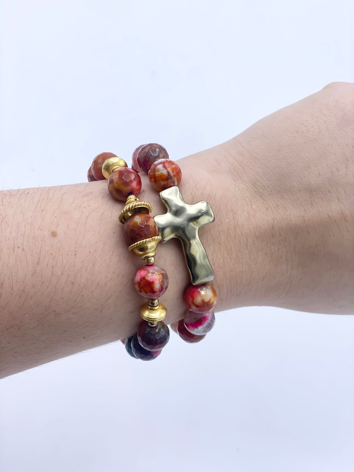 Set de Pulseras de Piedra Ágata + Dije de Cruz