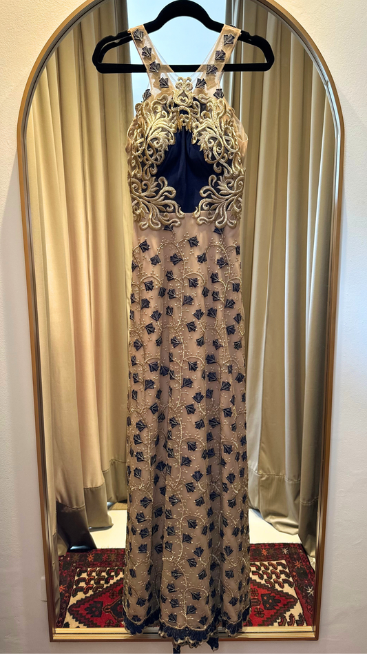 Vestido Largo Azul y Dorado Las Buttner